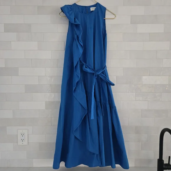 Psophia Cobalt Blue Ruffle Midi Dress Sleeveless Belted Size Small 100% Cotton - Picture 2 of 9